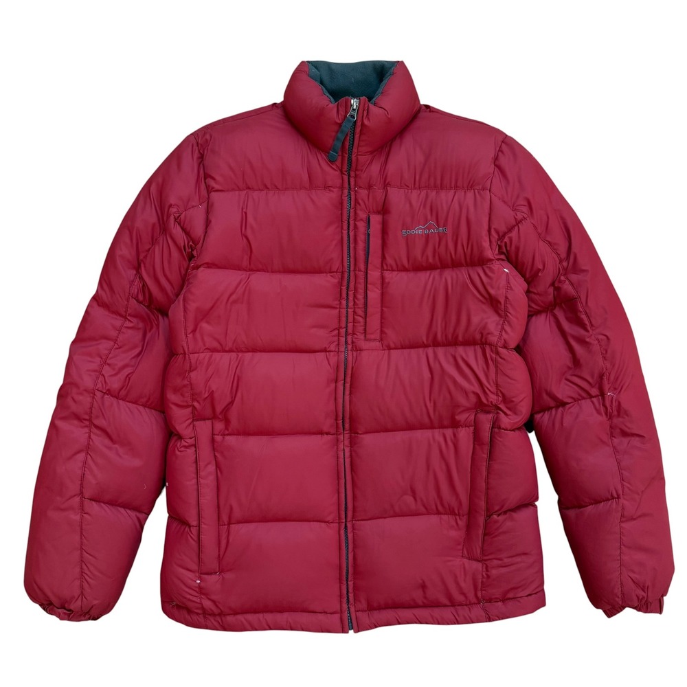 Eddie Bauer Mens Goose Down Puffer Jacket Red Quilted Full Zip Coat Small